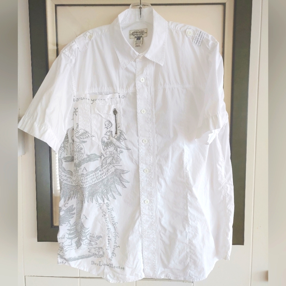 American Rag White Short Sleeve Button Up Shirt Grey Unilateral Design Large